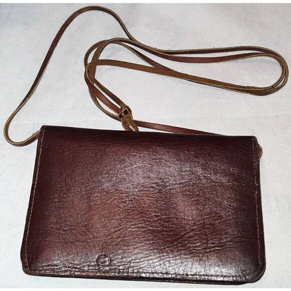 Leather Crossbody Mini hand bag brown 4" x 6". Shoulder strap 22" Made in Haiti - Picture 2 of 6